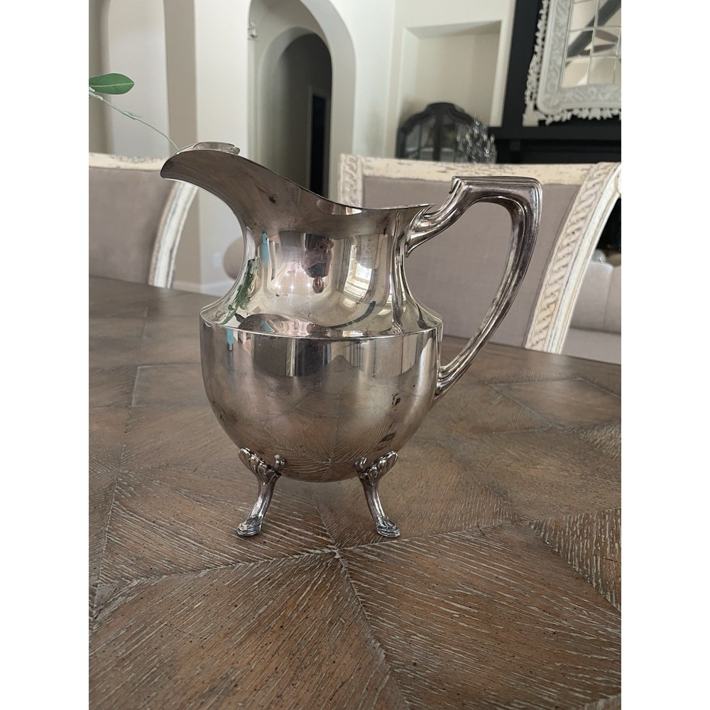 Vtg Ornate‎ Footed Crescent  Silver Plate Water Pitcher Vase w/ Ice Guard